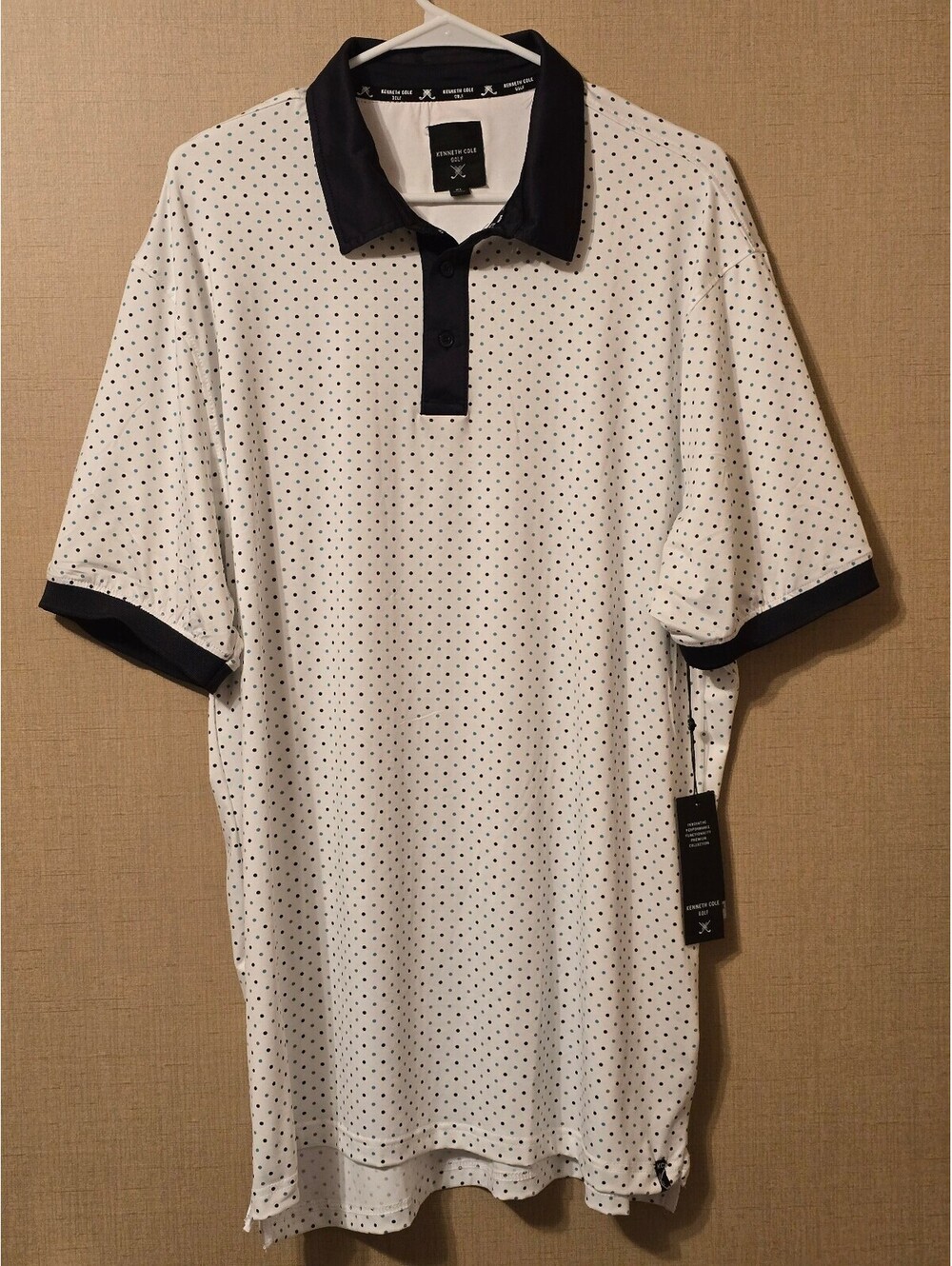 NWT Kenneth Cole Golf Polo Shirt XL White Blue Polka Dot Moisture Wicking